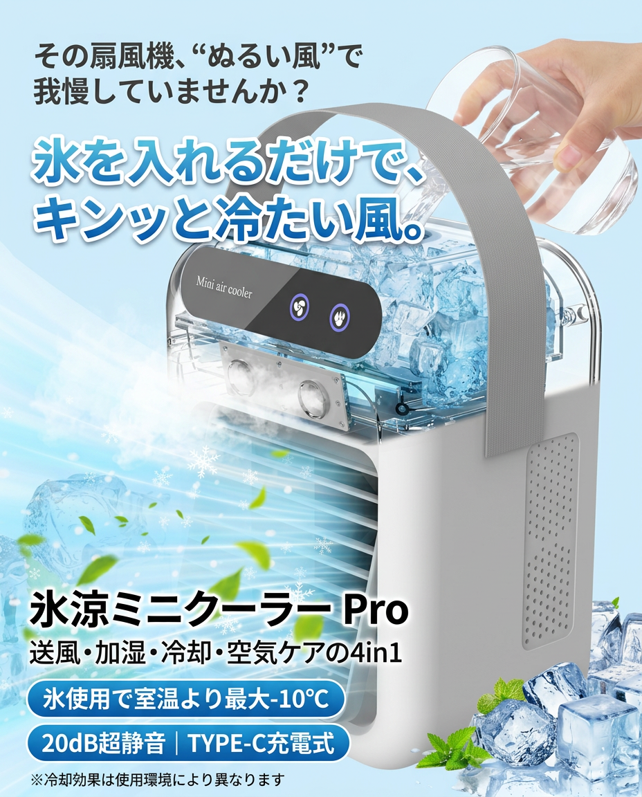 氷涼ミニクーラー Pro — 氷を入れて手元をキンッと冷やす卓上ミニクーラー